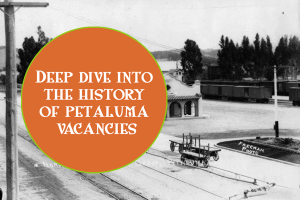 Historic photo of the Petaluma train depot, with a text overlay.